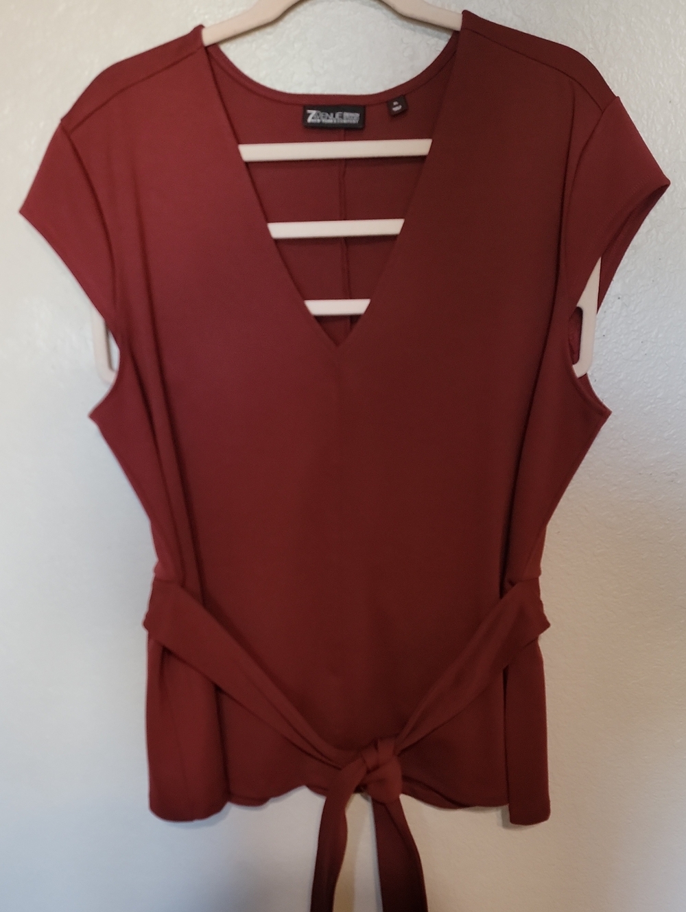 New York & Company Rust Red V-Neck Tie-Front Blouse